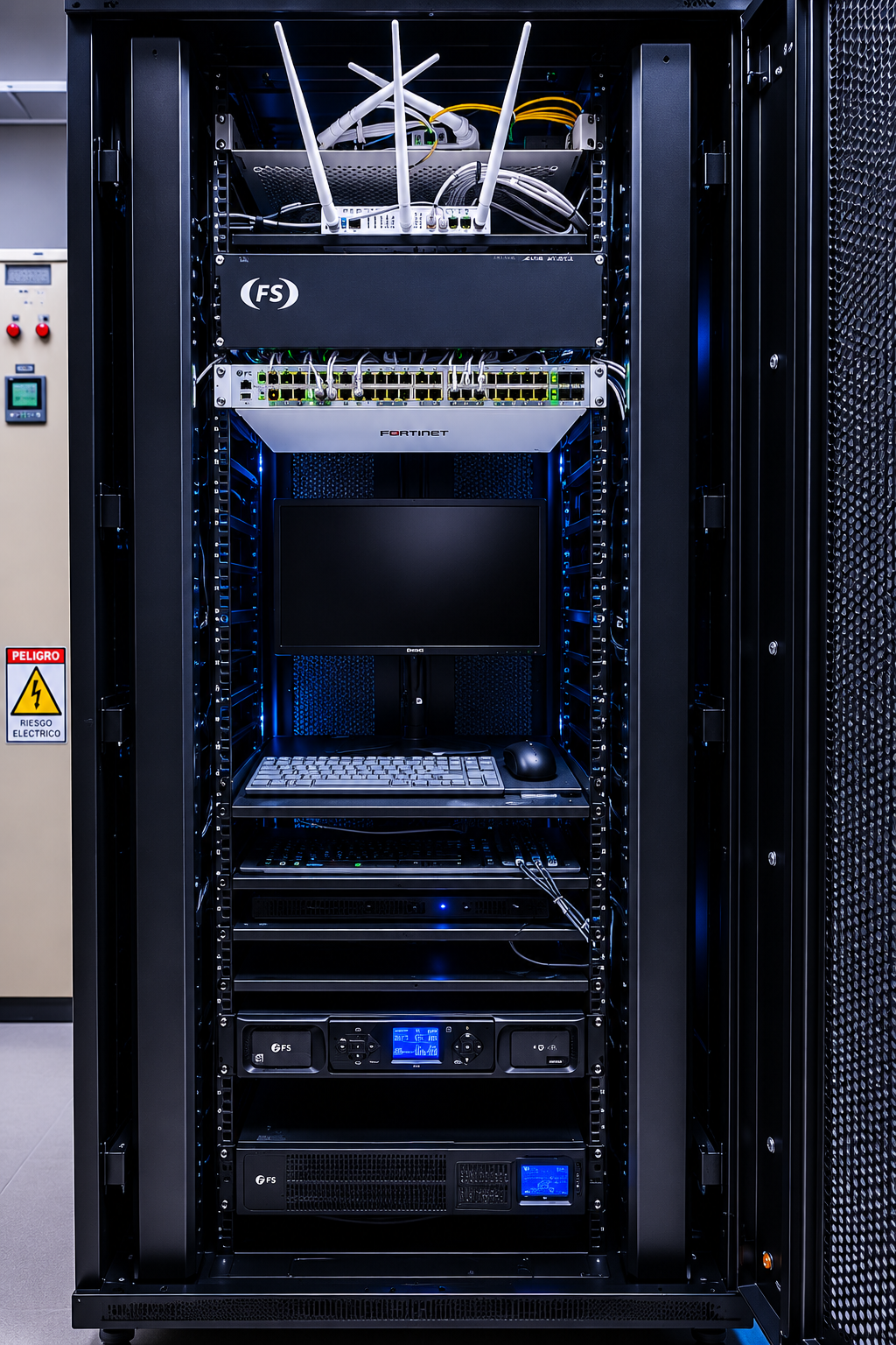 Rack de comunicaciones con equipamiento Fortinet SIPROTEC